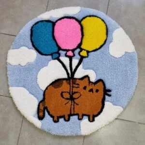 Alfombra gato volando hecha a mano con globos y cielo azul en técnica de tufting